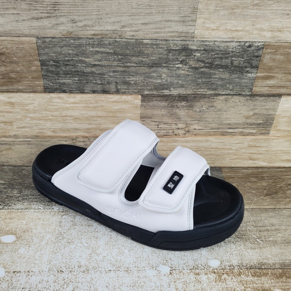 Seichi Senko Mens Slide Sandals Sz 9 White Black Comfort Hook & Loop Slip On